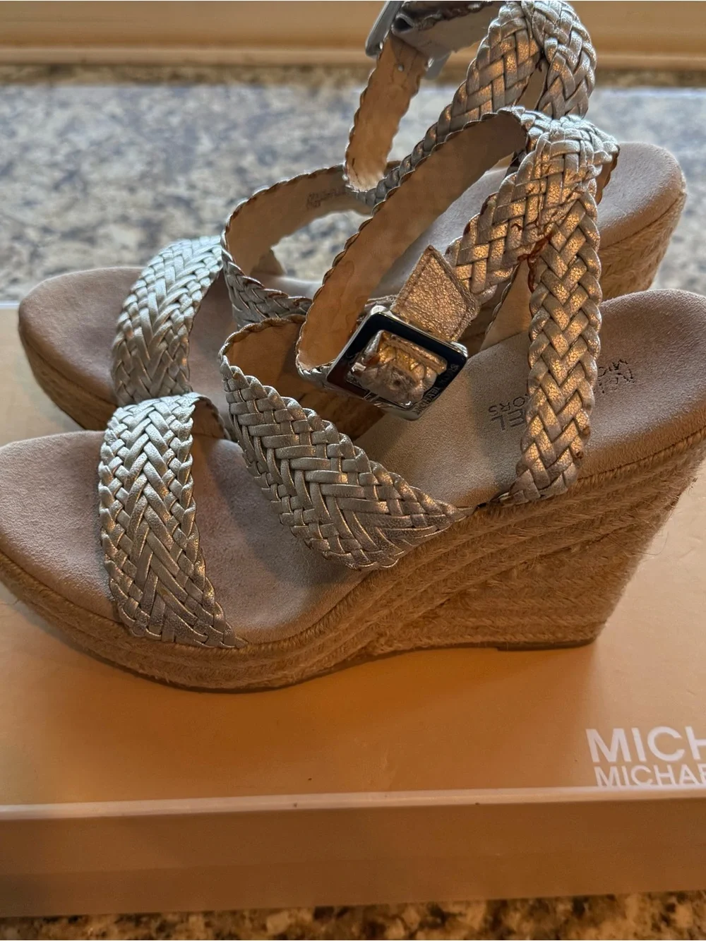 Michael Kors Metallic Silver Braided Espadrille Wedge Sandals